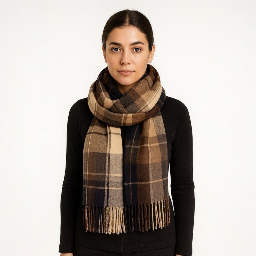 Oversized Brown Tan Plaid Blanket Scarf Wrap | Fringe Neutral Winter Shawl